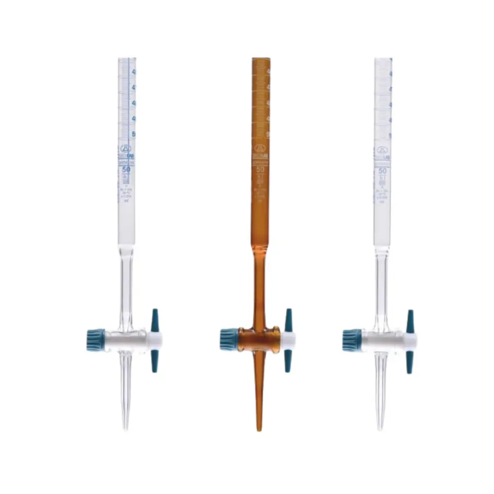 ISOLAB Büret - Düz - Şeffaf - PTFE Musluklu - AS Kalite - Grup Sertifikalı - Şelbah Çizgili - Mavi Skala - 25 mL