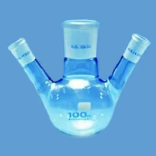 Cam Balon Dibi Yuvarlak | Şilifli Üç Boyunlu | Borosilikat 3.3 | DIN 12392 | Orta Boyun NS 19/26 – Yan Boyun NS 14/23 |